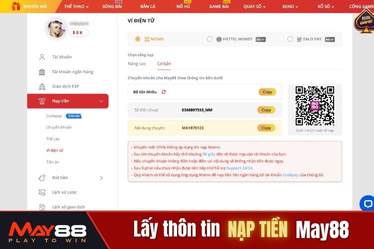 Lấy thông tin nạp tiền May88 và thực hiện giao dịch như thông thường