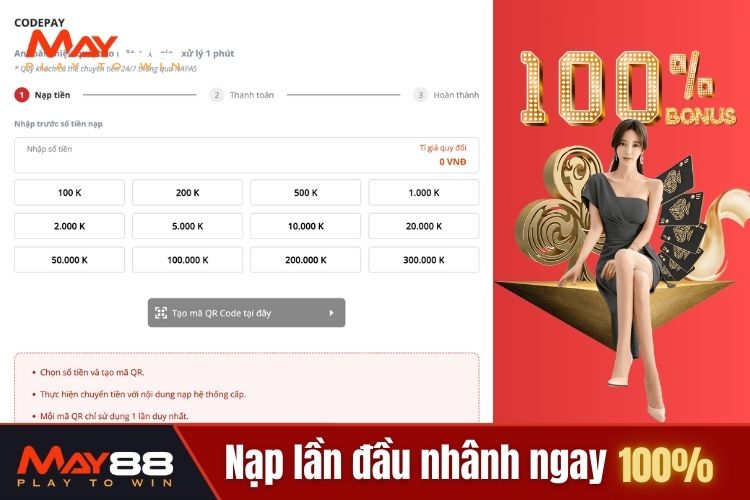 Tặng thưởng khuyến mãi May88 100% ngay từ lần đầu tiên nạp tiền